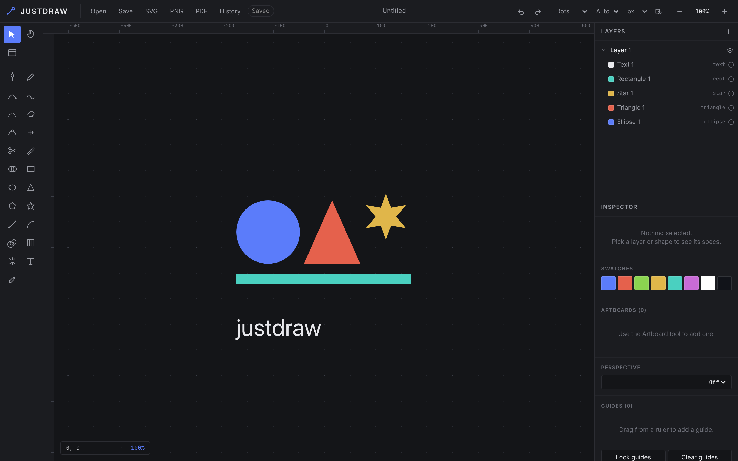 The justdraw editor: a dark infinite canvas with a blue circle, red triangle, yellow star and the word justdraw on it. A tool palette runs down the left, a layers list and inspector down the right.