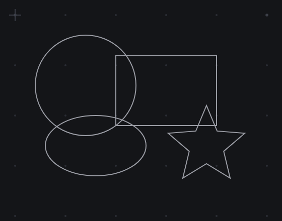 The same four shapes with fills off, drawn as thin wireframe outlines. Every edge is visible, including the parts that were hidden behind other shapes.