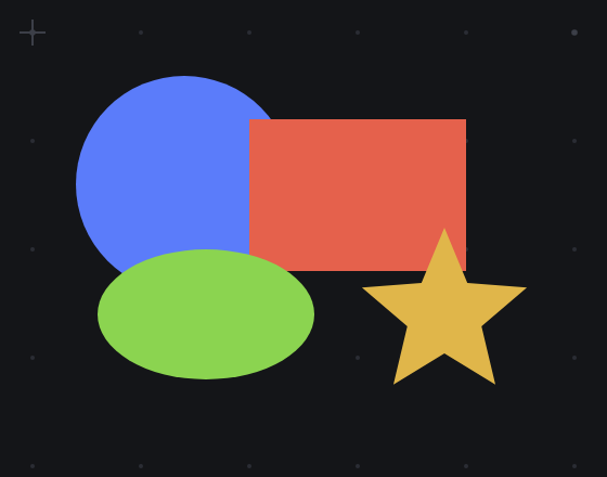 Four filled shapes overlapping: a blue circle, a red rectangle, a yellow star and a green ellipse. The overlaps are hidden behind whichever shape is on top.
