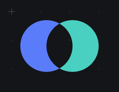 The same two circles with the overlapping lens erased, leaving a blue crescent and a teal crescent facing each other.